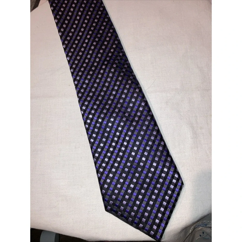 Countess Mara Mens Silk Tie Purple Black Geometric Check Handmade Necktie Luxury
